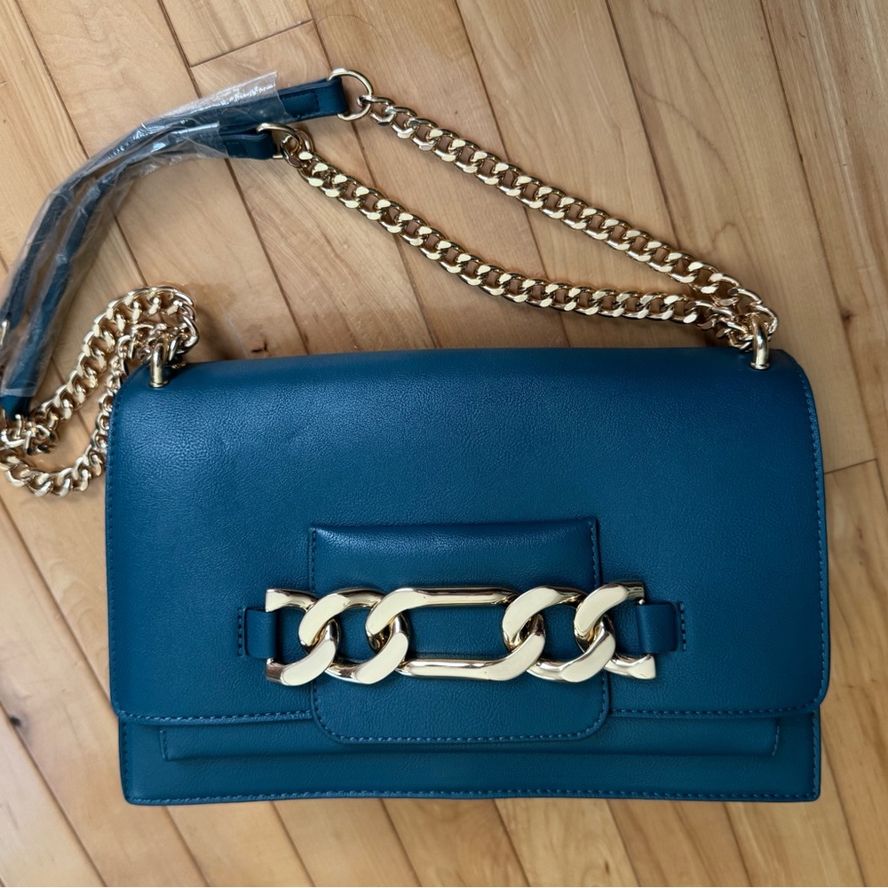 INC Blue Crossbody/Shoulder Bag with Gold Chain Detail